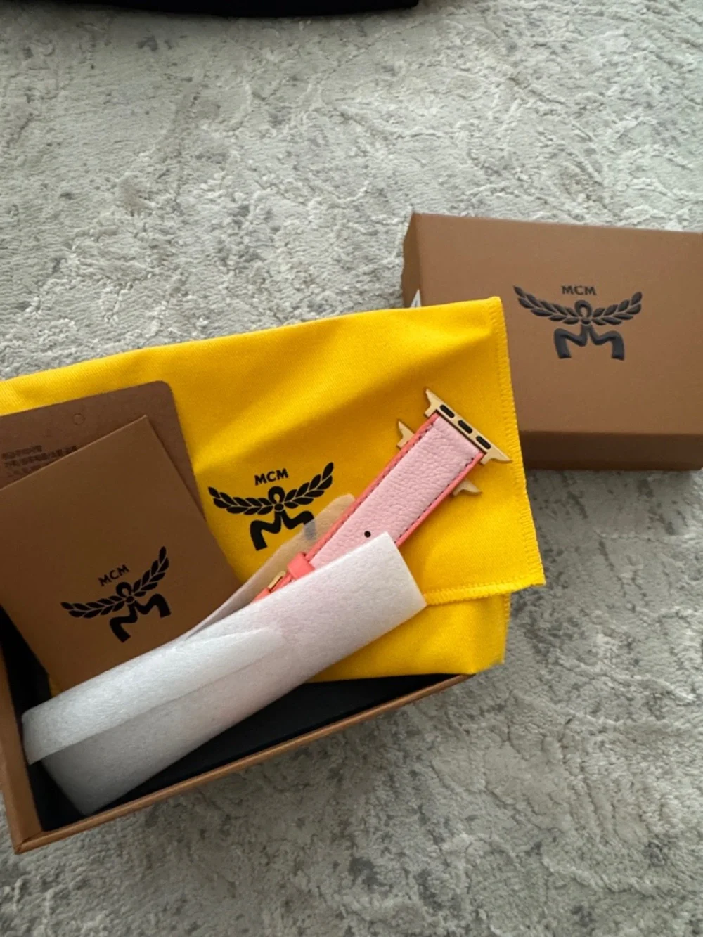 MCM Two-Tone Pink Leather Apple Watch Band with Gold Hardware 42-49